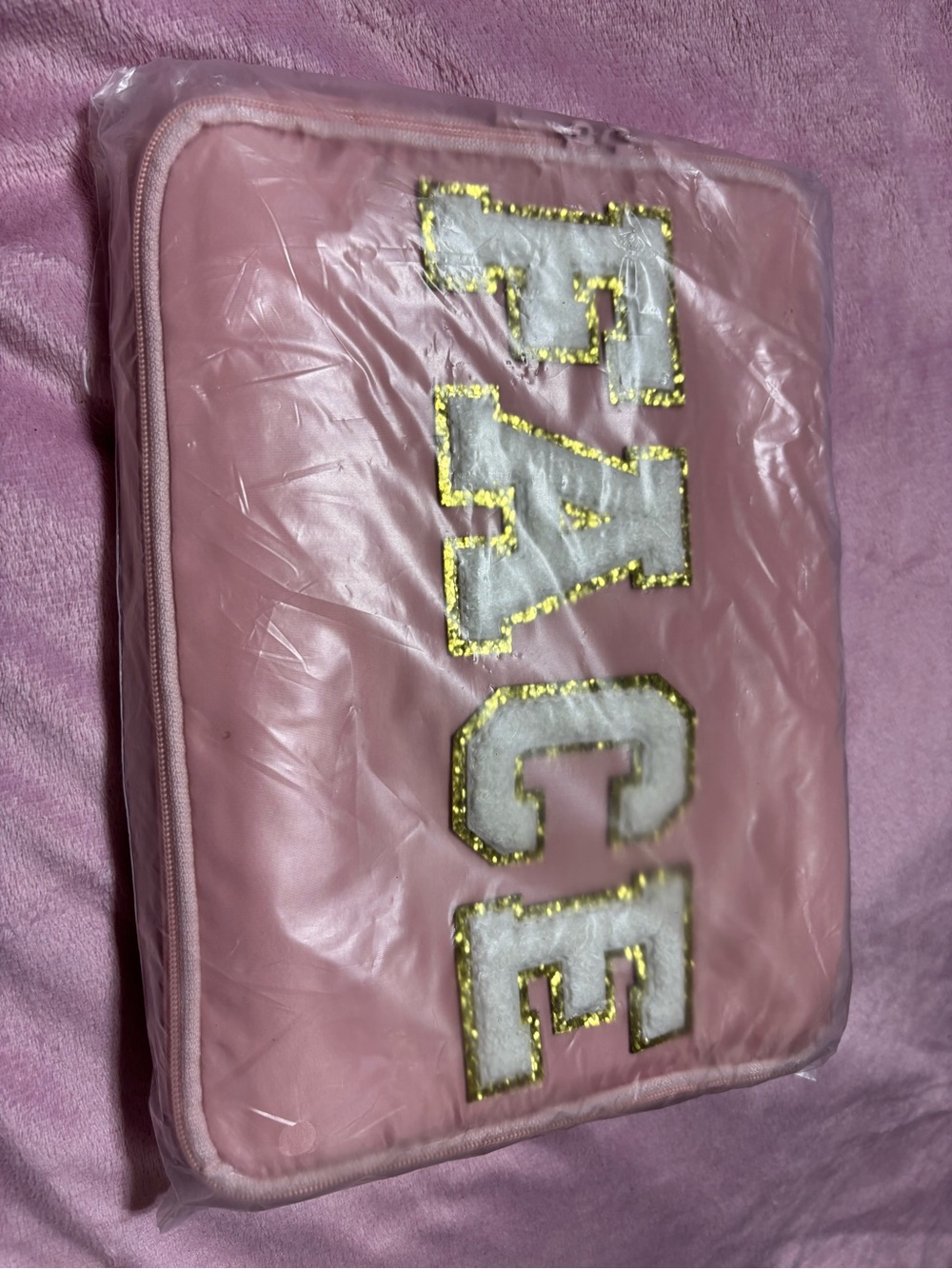 Pink 'FACE’ Cosmetic Bag With Zipper Closure - Picture 2 of 3